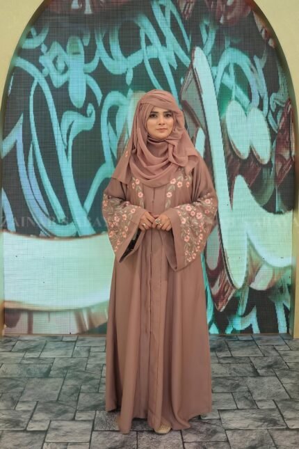 Nida front open gown abaya with intricate embroidery on the front and back, offering a stylish and elegant design.