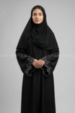 Nida Black Front Open Abaya for women with Embroidered Sleeves
