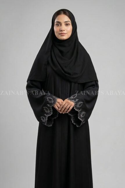 Nida Black Front Open Abaya for women with Embroidered Sleeves