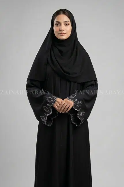 Nida Black Front Open Abaya for women with Embroidered Sleeves