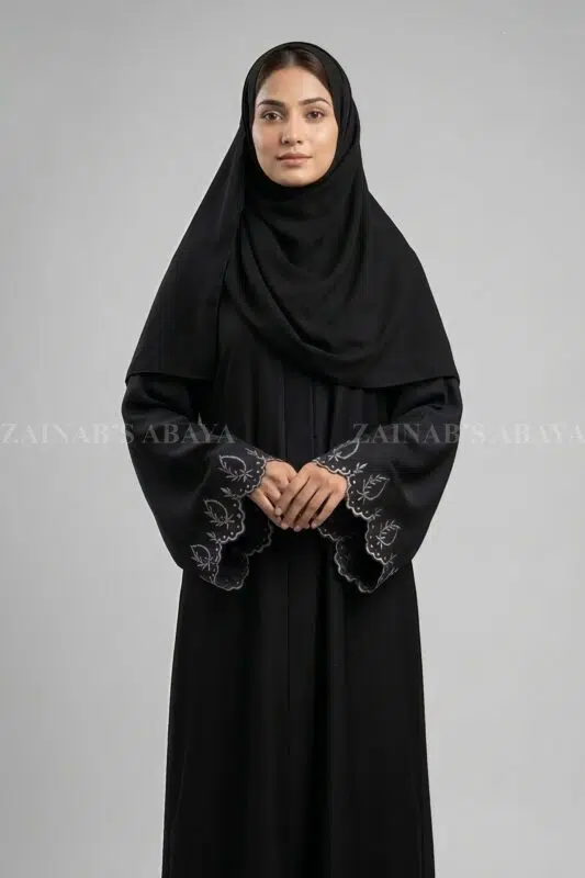 Nida Black Front Open Abaya for women with Embroidered Sleeves