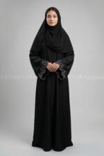 Nida Black Front Open Abaya for women with Embroidered Sleeves