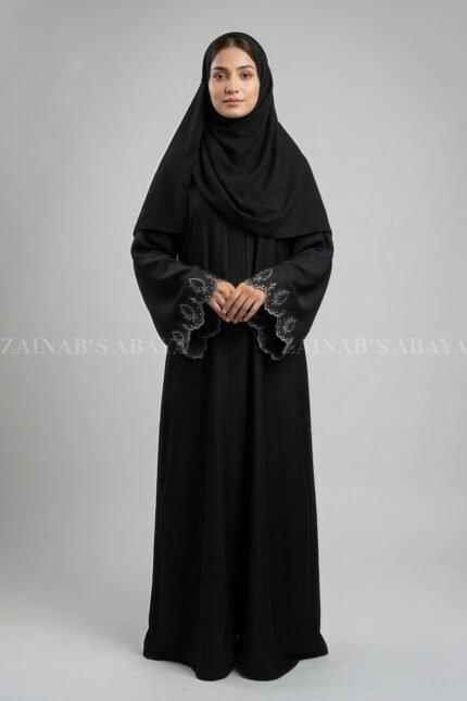Nida Black Front Open Abaya for women with Embroidered Sleeves