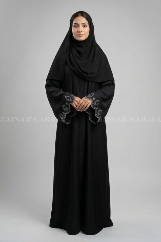Nida Black Front Open Abaya for women with Embroidered Sleeves