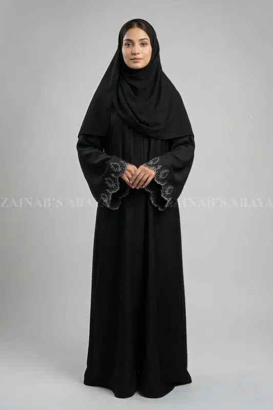 Nida Black Front Open Abaya for women with Embroidered Sleeves
