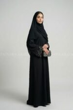 Nida Black Front Open Abaya for women with Embroidered Sleeves
