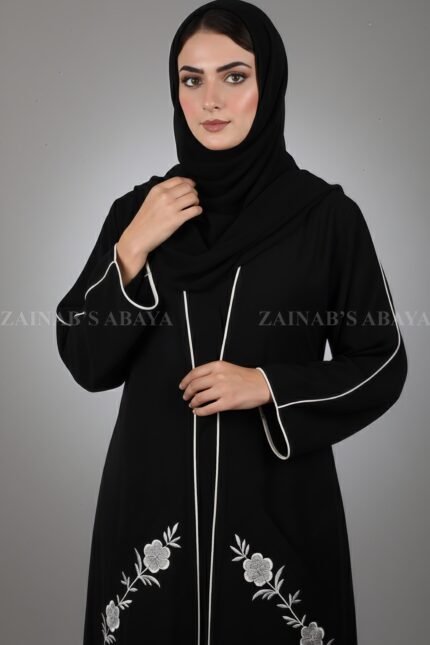 Elegant black front open gown abaya with pocket embroidery
