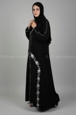 Elegant black front open gown abaya with pocket embroidery
