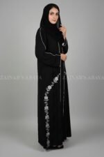 Elegant black front open gown abaya with pocket embroidery