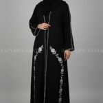 Elegant black front open gown abaya with pocket embroidery