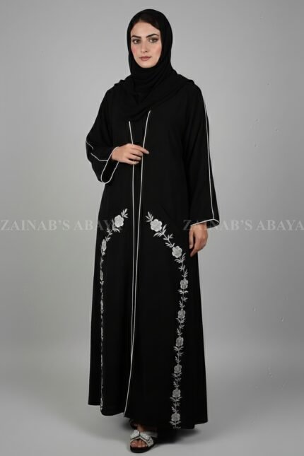 Elegant black front open gown abaya with pocket embroidery