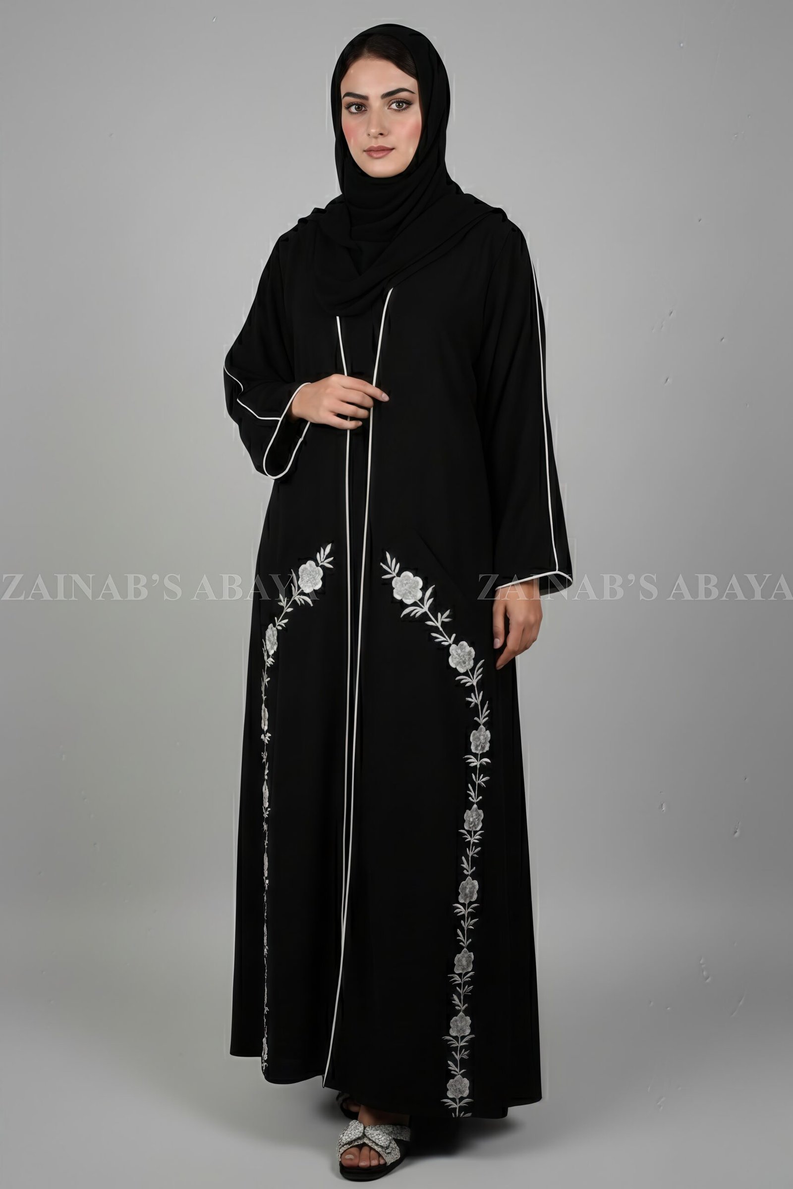 Front Open Gown Abaya Elegant black front open gown abaya with pocket embroidery