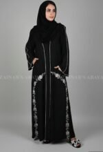 Elegant black front open gown abaya with pocket embroidery