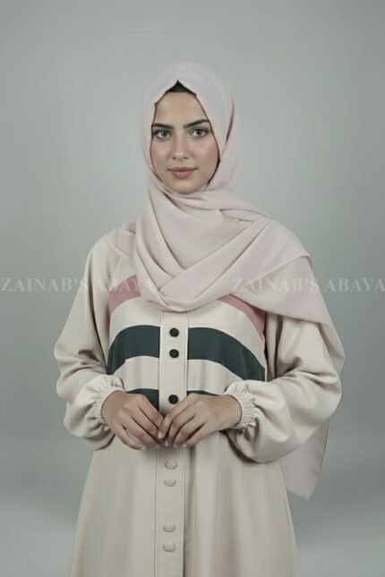 Nida maxi abaya with 3 stripe design and front buttons, offering a modern and modest look.