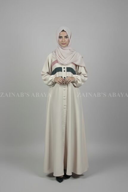 Nida maxi abaya with 3 stripe design and front buttons, offering a modern and modest look.
