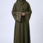 Olive Green Maxi Abaya with Embroidered Sleeves OL-1148