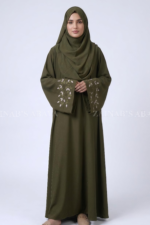 Olive Green Maxi Abaya with Embroidered Sleeves OL-1148