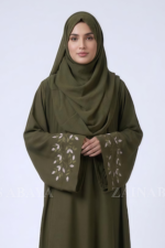 Olive Green Maxi Abaya with Embroidered Sleeves OL-1148 - Image 2