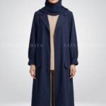 Navy Color Short Coat Style Abaya with Pocket Flaps on Front Side OL-1168