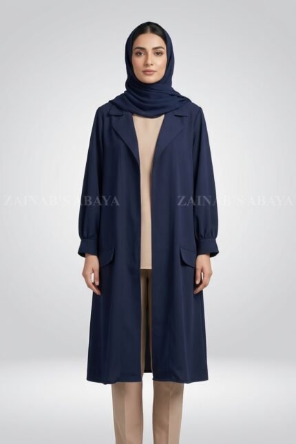 Navy Color Short Coat Style Abaya with Pocket Flaps on Front Side OL-1168