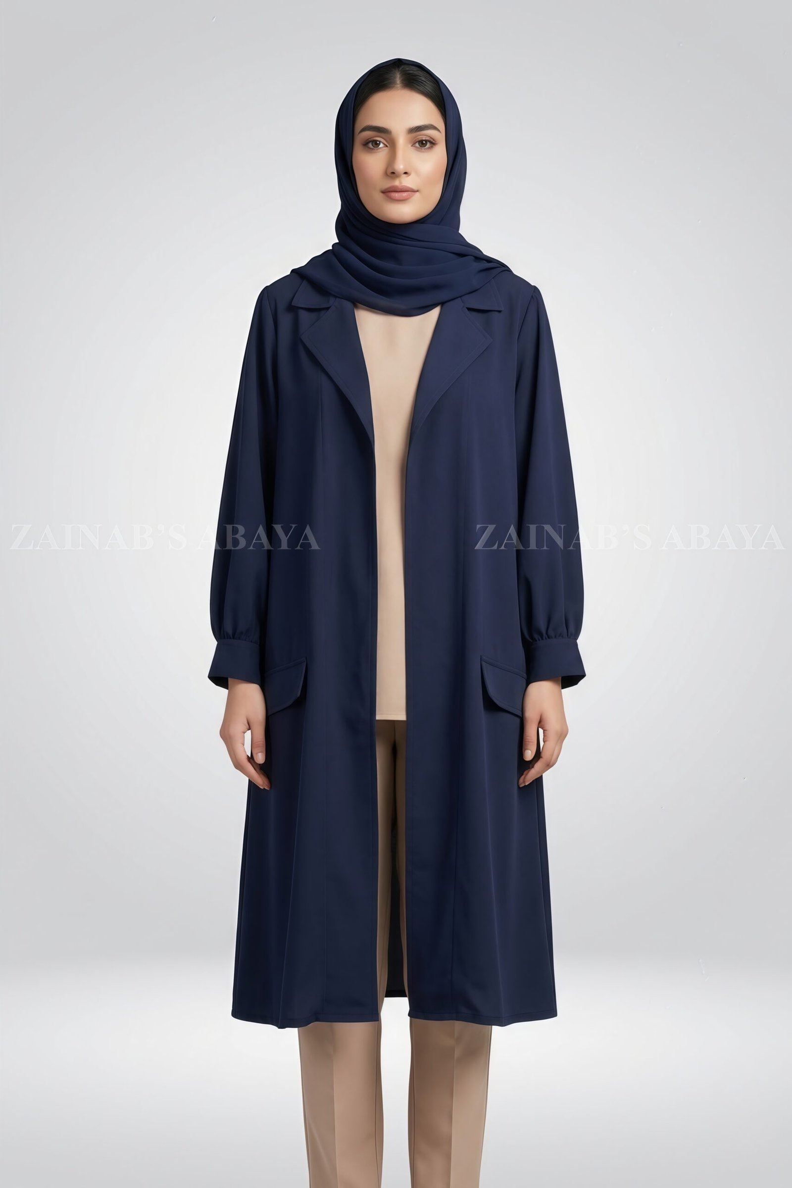 IMG_1601 Navy Color Short Coat Style Abaya with Pocket Flaps on Front Side OL-1168 - Image 1