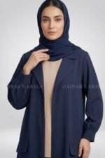 Navy Color Short Coat Style Abaya with Pocket Flaps on Front Side OL-1168 - Image 2