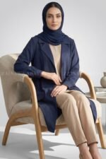 Navy Color Short Coat Style Abaya with Pocket Flaps on Front Side OL-1168 - Image 4