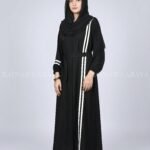 Black modern maxi abaya with an elegant strip design on one side, offering a sleek and stylish look.