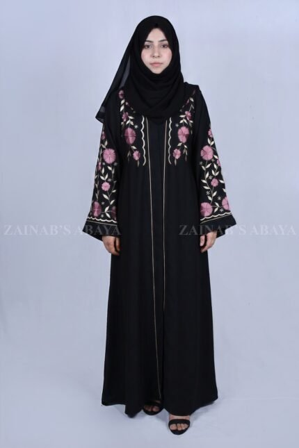 Nida front open abaya with intricate embroidery, offering a stylish and modest design.