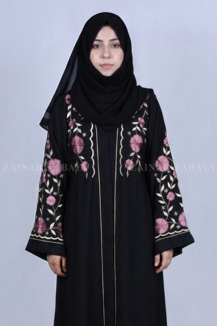 Nida front open abaya with intricate embroidery, offering a stylish and modest design.