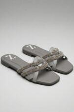 Soft Silver Slide Flats Women Slippers Z 113