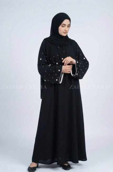 Nida Black Maxi Abaya with Pearl Work comes wit matching scarf