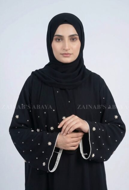 Nida Black Maxi Abaya with Pearl Work comes wit matching scarf