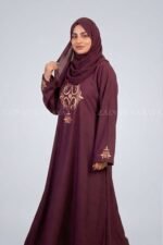 Maroon Color Maxi Abaya with Embroidery on Front and Sleeves Cuffs OL-1140 - Image 3