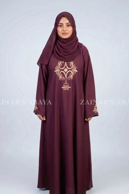 Maroon Color Maxi Abaya with Embroidery on Front and Sleeves Cuffs OL-1140