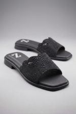 Black Beaded Flat Sandals Z 115