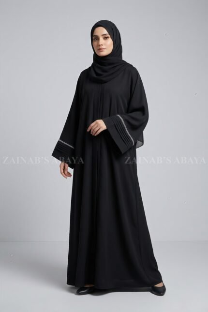 Front Open Abaya with Plates and White Stone Work on Sleeves OL-1072