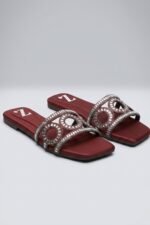 Maroon Crystal Aura Cut Out Flat Sandals Z 117 - Image 4