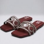 Maroon Crystal Aura Cut Out Flat Sandals Z 117