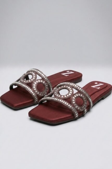 Maroon Crystal Aura Cut Out Flat Sandals Z 117