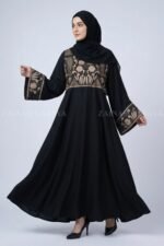 Black Embroidered Umbrella Abaya in Nida Korean Fabric OL-802 - Image 4