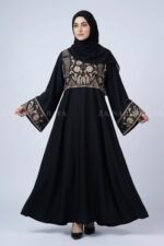 Black Embroidered Umbrella Abaya in Nida Korean Fabric OL-802 - Image 3