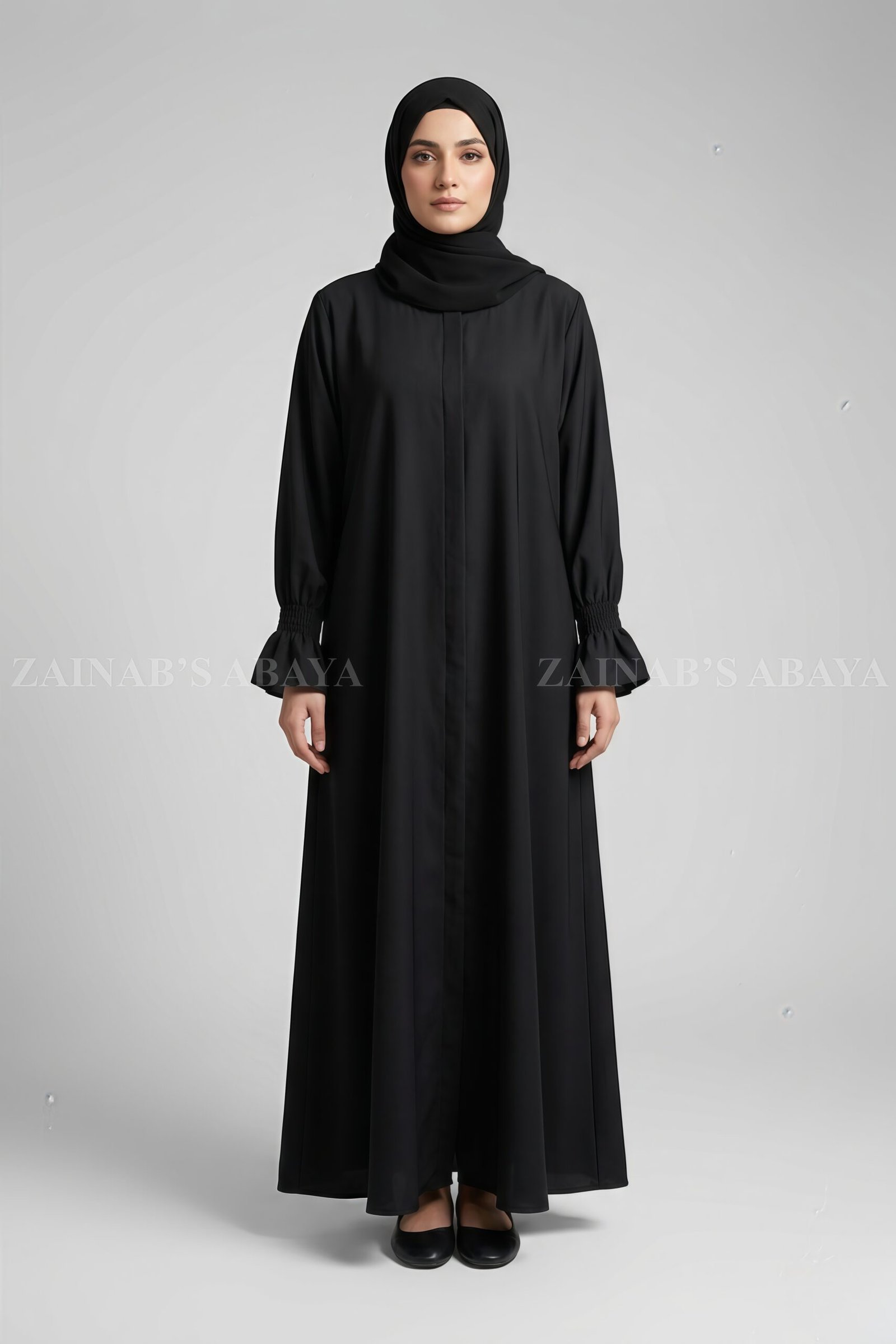 IMG_3412 Black Color Flared Front Open Abaya OL-1176 - Image 1