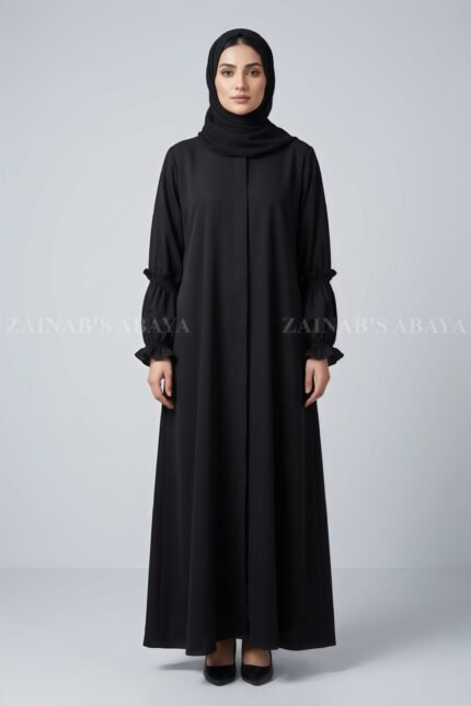 Nida Front Open Flared Abaya in Black Color OL-1174