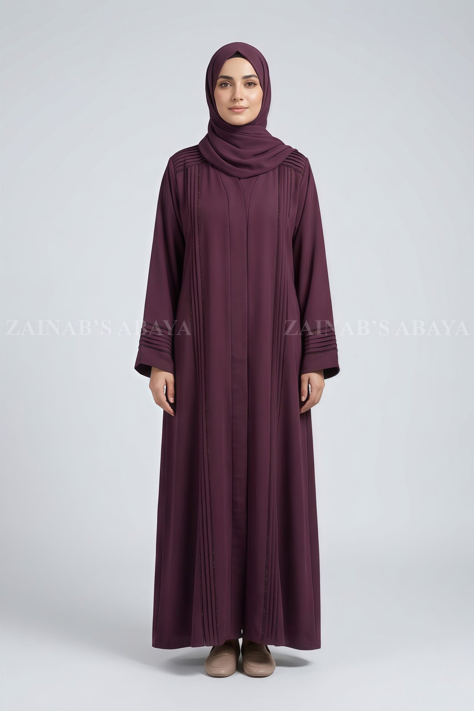 IMG_3563 Maroon Colored Front Open Abaya with Stone Work and Plates Style OL-1170 - Image 1