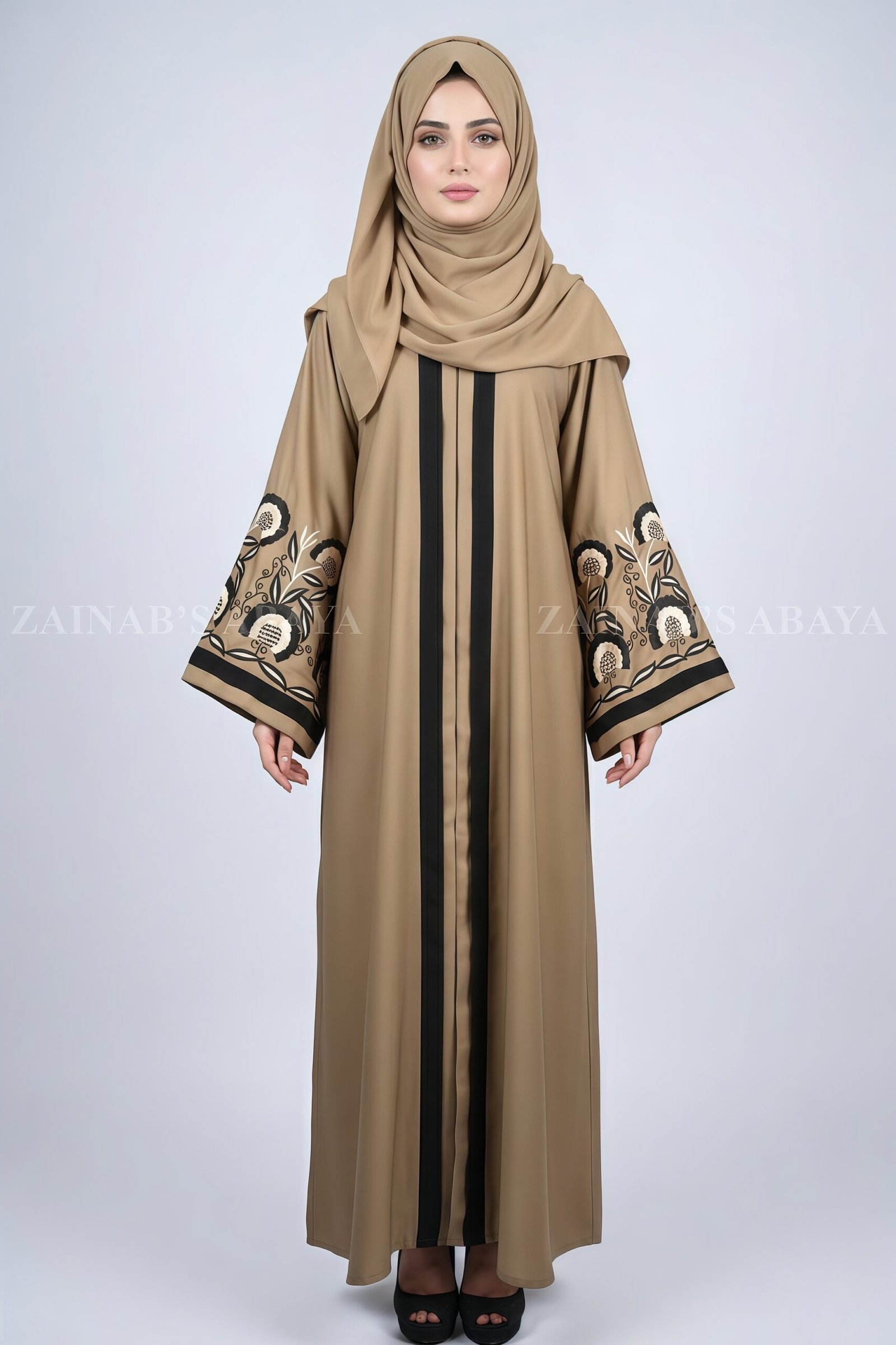 IMG_4255 Nida Color Front Open Gown Abaya Embroidery On Sleeves – 0831 - Image 1