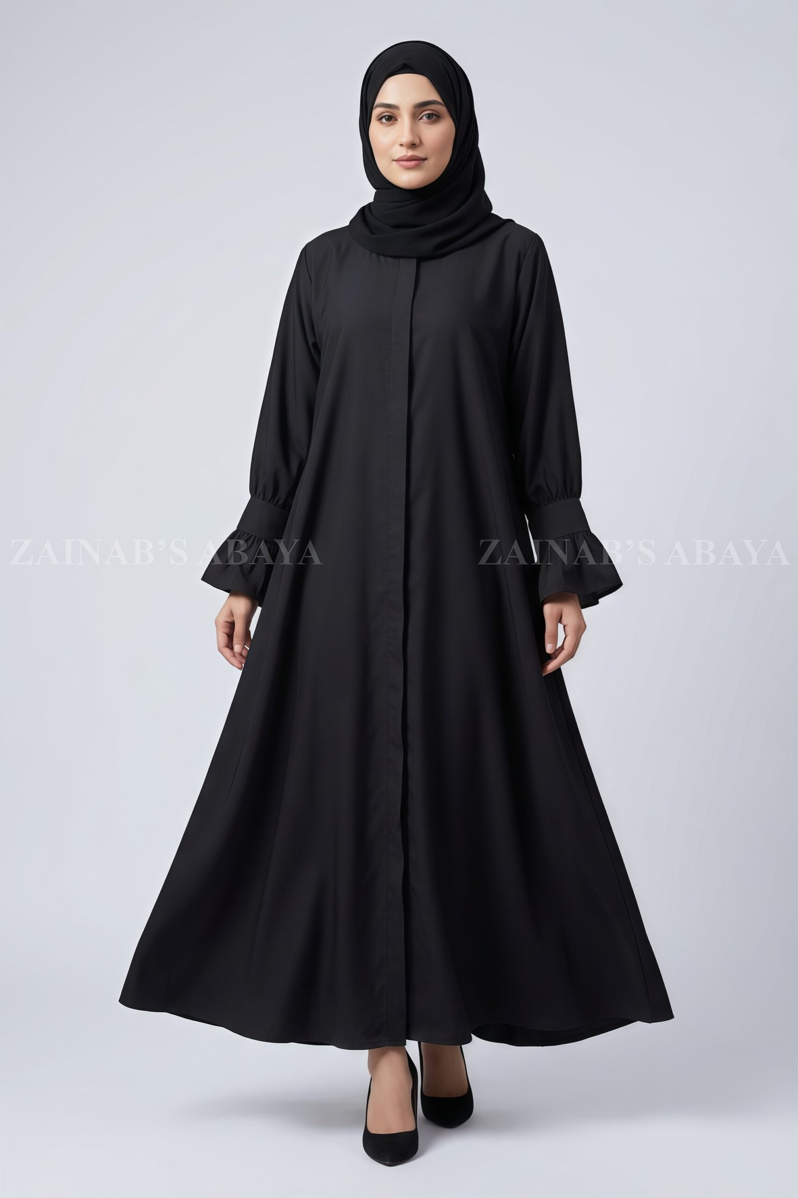 IMG_4126 Black Front Open Flared Abaya in Premium Nida Fabric OL-1179 - Image 1