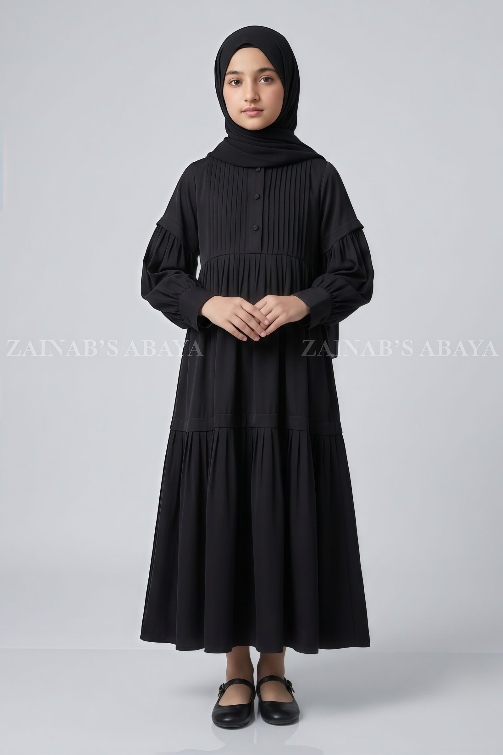 IMG_4324 Kids Maxi Abaya in Premium Fabric with Pleated Design J 121 - Image 1