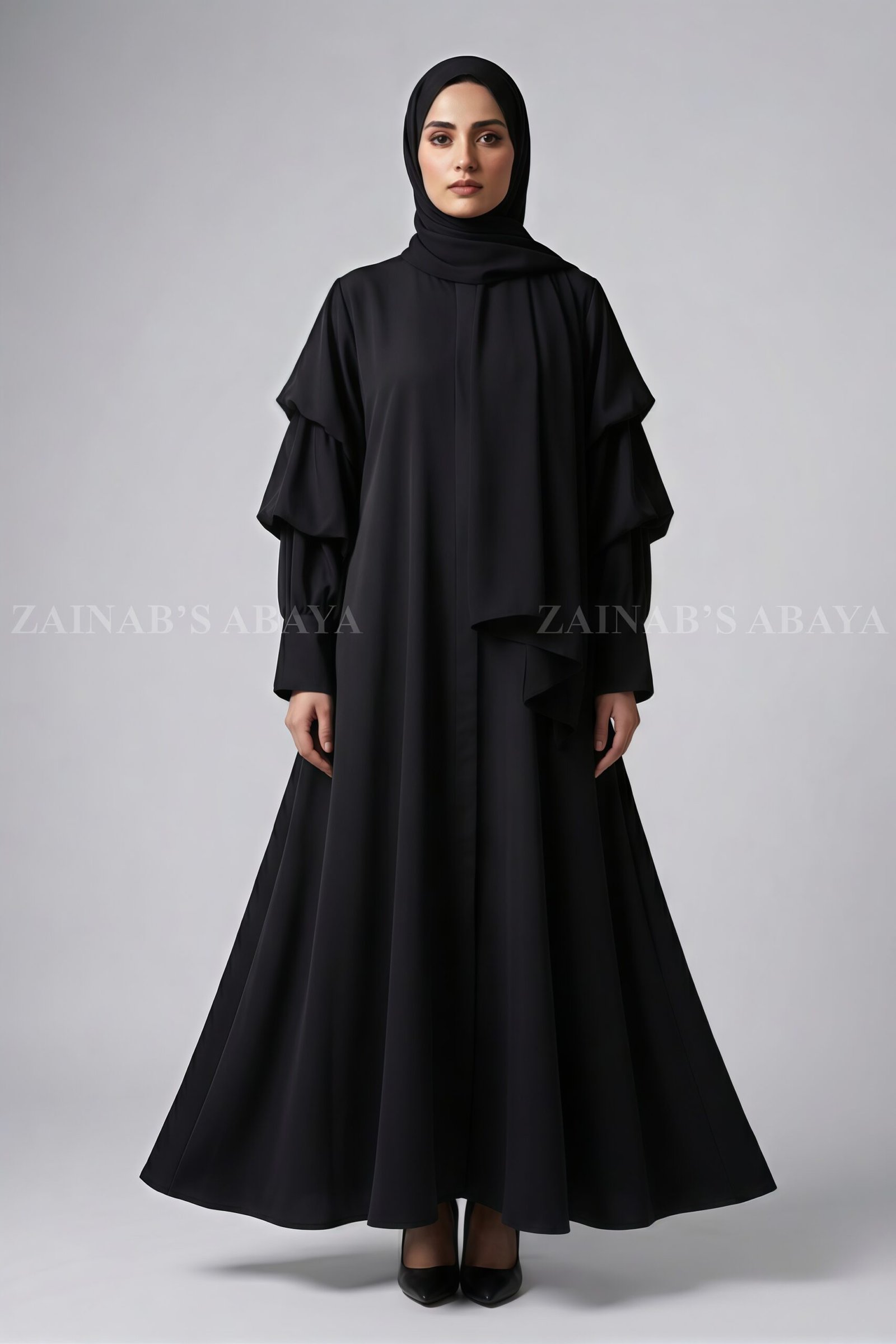 IMG_4473 Black Front Open Abaya with Stylish Sleeves OL-1181 - Image 1