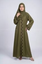 Olive Green Maxi Abaya with Embroidery on Front & Sleeve Cuffs OL-0774 - Image 5